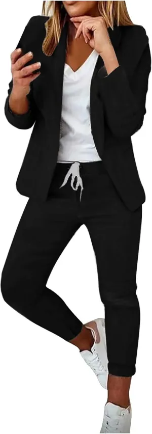 Womens Blazer Suits 2 Piece Set Business Casual Long Sleeve Open Front Blazer Slim Fit Pants Office Work Outfits