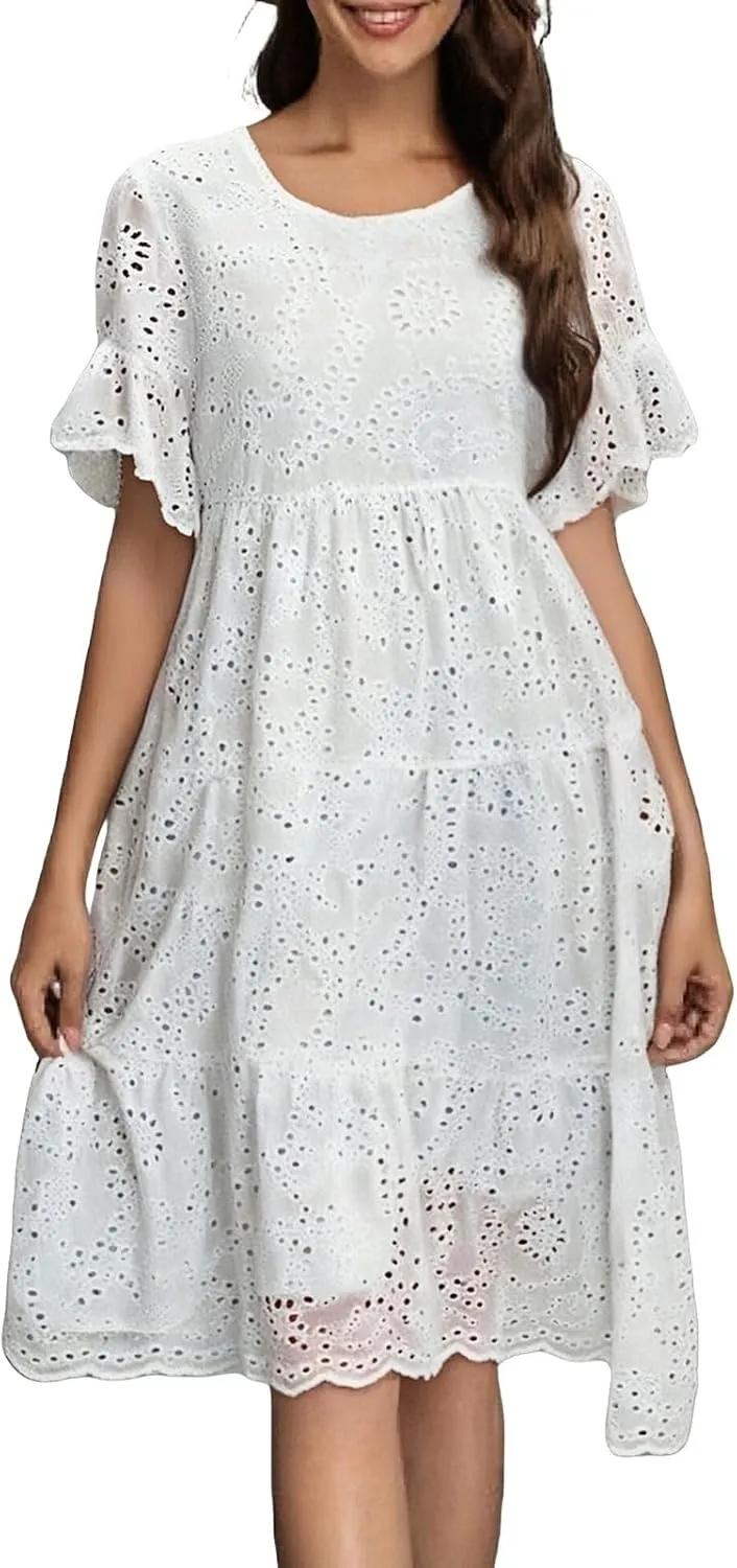 Womens Boho Summer Dresses 2025 Resort V Neck Short Sleeve Hollow Out Lace Ruffle Casual Beach Mini Vacation Dress