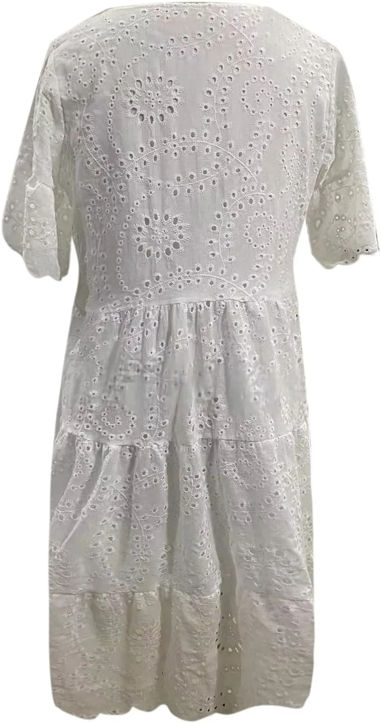 Womens Boho Summer Dresses 2025 Resort V Neck Short Sleeve Hollow Out Lace Ruffle Casual Beach Mini Vacation Dress