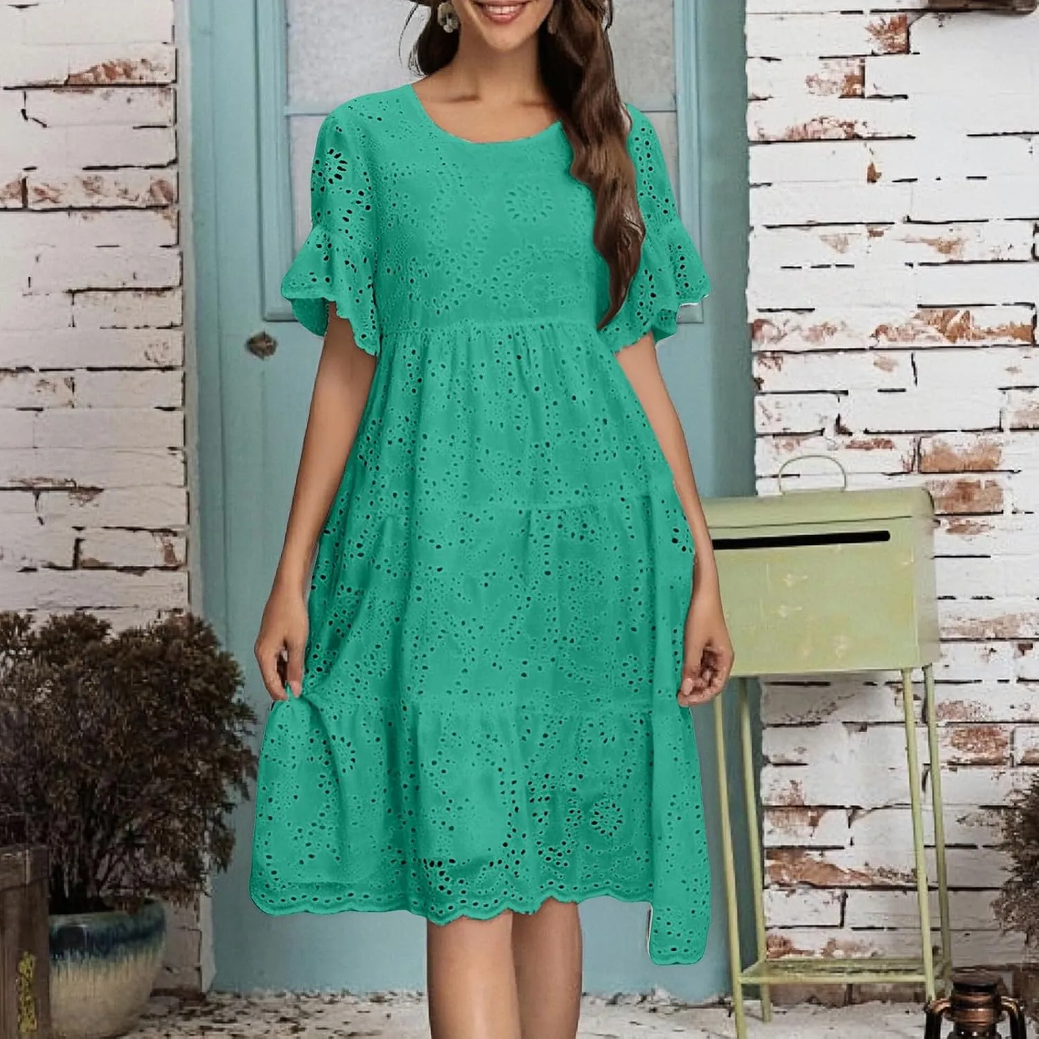 Womens Boho Summer Dresses 2025 Resort V Neck Short Sleeve Hollow Out Lace Ruffle Casual Beach Mini Vacation Dress