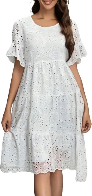 Womens Boho Summer Dresses 2025 Resort V Neck Short Sleeve Hollow Out Lace Ruffle Casual Beach Mini Vacation Dress