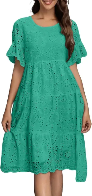 Womens Boho Summer Dresses 2025 Resort V Neck Short Sleeve Hollow Out Lace Ruffle Casual Beach Mini Vacation Dress