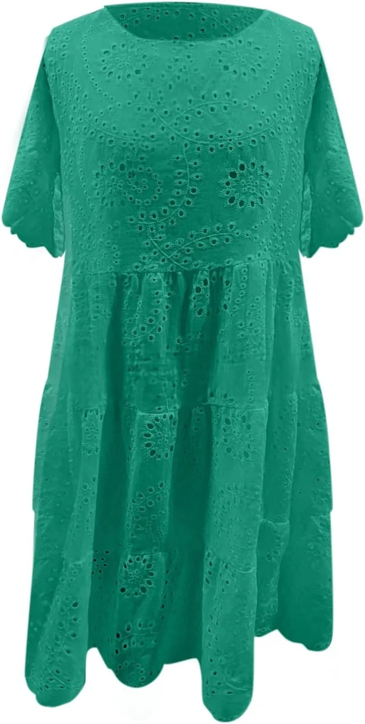 Womens Boho Summer Dresses 2025 Resort V Neck Short Sleeve Hollow Out Lace Ruffle Casual Beach Mini Vacation Dress