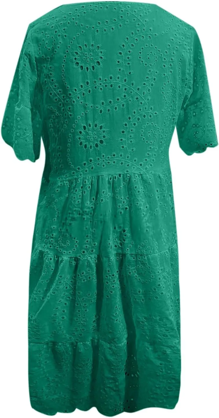 Womens Boho Summer Dresses 2025 Resort V Neck Short Sleeve Hollow Out Lace Ruffle Casual Beach Mini Vacation Dress