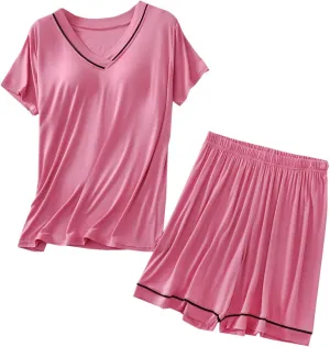 Women's Bulit in Self Bra Pajama Sets Cotton Short Sleeve V Neck Sleepwear Loose Shorts Stripe Pjs Soft Loungewear