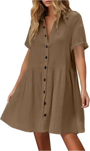 Womens Button Down Shirt Dress Summer Cotton Linen Dresses V-Neck Mini Dress Casual Short Sleeve Loose Tunic Sundress