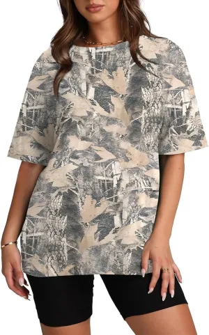Womens Camo Shirt Oversized Short Sleeve Tees Maple Leaf Print Summer Tops Graphic Crewneck T Shirts Y2K Clothes