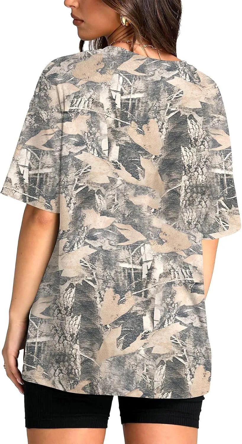 Womens Camo Shirt Oversized Short Sleeve Tees Maple Leaf Print Summer Tops Graphic Crewneck T Shirts Y2K Clothes