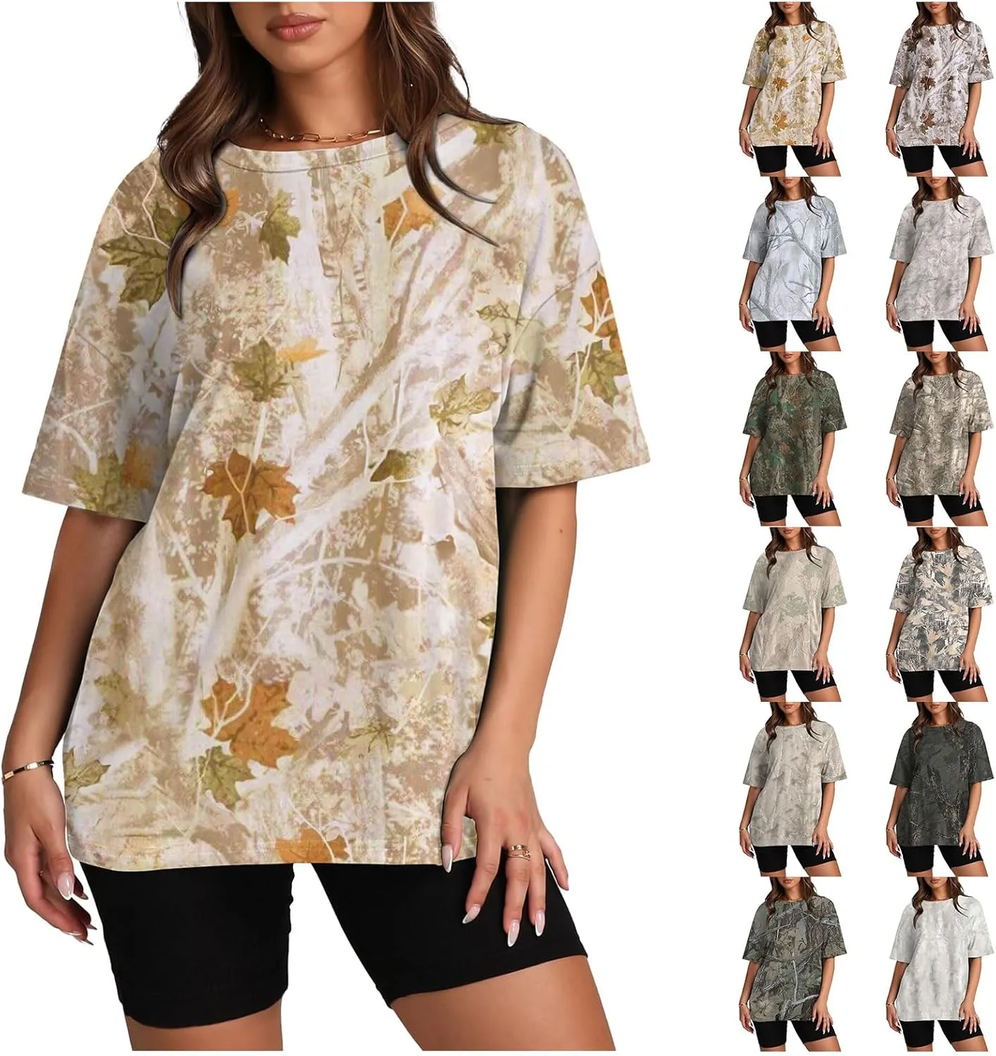 Womens Camo Shirt Oversized Short Sleeve Tees Maple Leaf Print Summer Tops Graphic Crewneck T Shirts Y2K Clothes