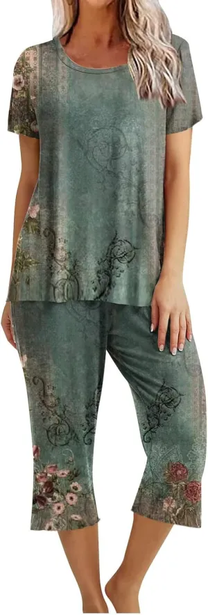 Women's Capris Pajamas Floral Print Short Sleeve Sleepwear Top and Capri Pants 2 Piece Loungewear Sets with Pockets