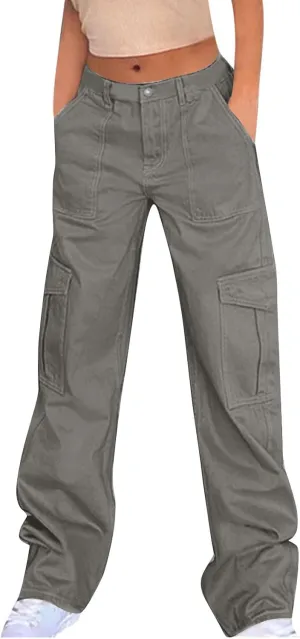 Women's Cargo Jeans Casual High Waisted Pants Baggy Stretch Straight Leg Trousers Classic Y2K Pants with Pockets