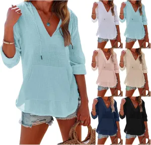 Women's Casual Lightweight Hoodies Linen Long Sleeve V Neck Pullover Sweatshirts Loose Fit Drawstring Tops Beachwear