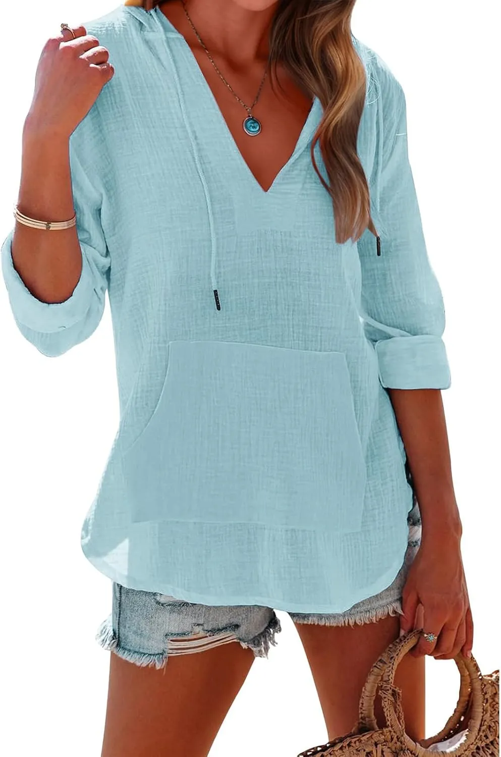 Women's Casual Lightweight Hoodies Linen Long Sleeve V Neck Pullover Sweatshirts Loose Fit Drawstring Tops Beachwear
