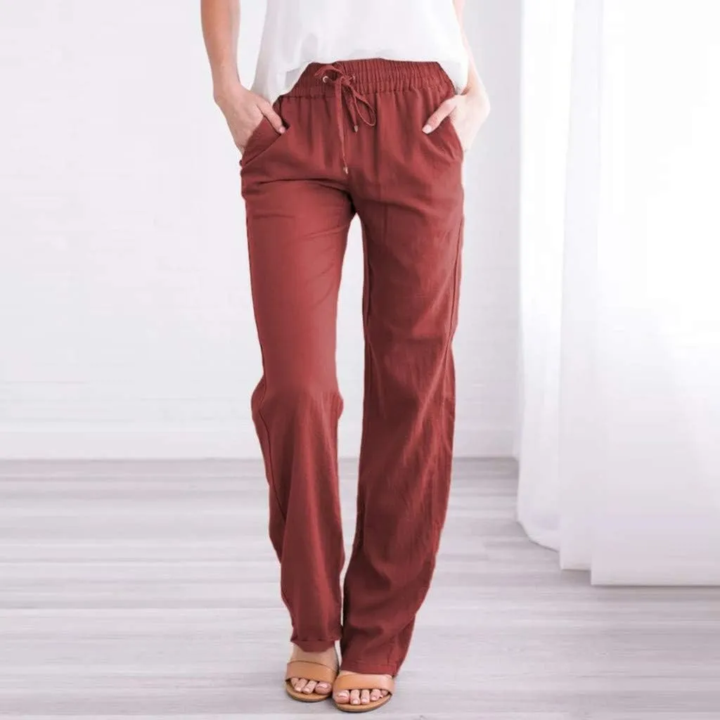 Womens Casual Linen Cotton Pants with Pockets Lightweight Summer Straight Leg Trousers Elastic Waist Beach Lounge Pant