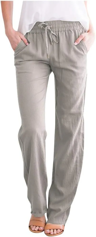 Womens Casual Linen Cotton Pants with Pockets Lightweight Summer Straight Leg Trousers Elastic Waist Beach Lounge Pant