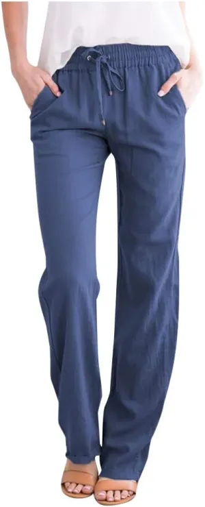 Womens Casual Linen Cotton Pants with Pockets Lightweight Summer Straight Leg Trousers Elastic Waist Beach Lounge Pant