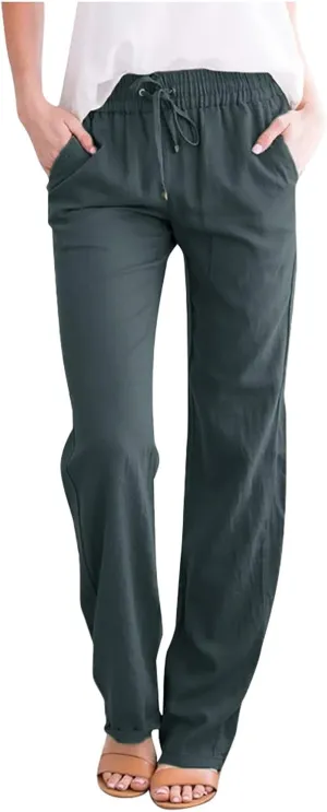 Womens Casual Linen Cotton Pants with Pockets Lightweight Summer Straight Leg Trousers Elastic Waist Beach Lounge Pant
