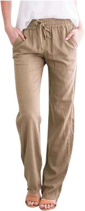 Womens Casual Linen Cotton Pants with Pockets Lightweight Summer Straight Leg Trousers Elastic Waist Beach Lounge Pant