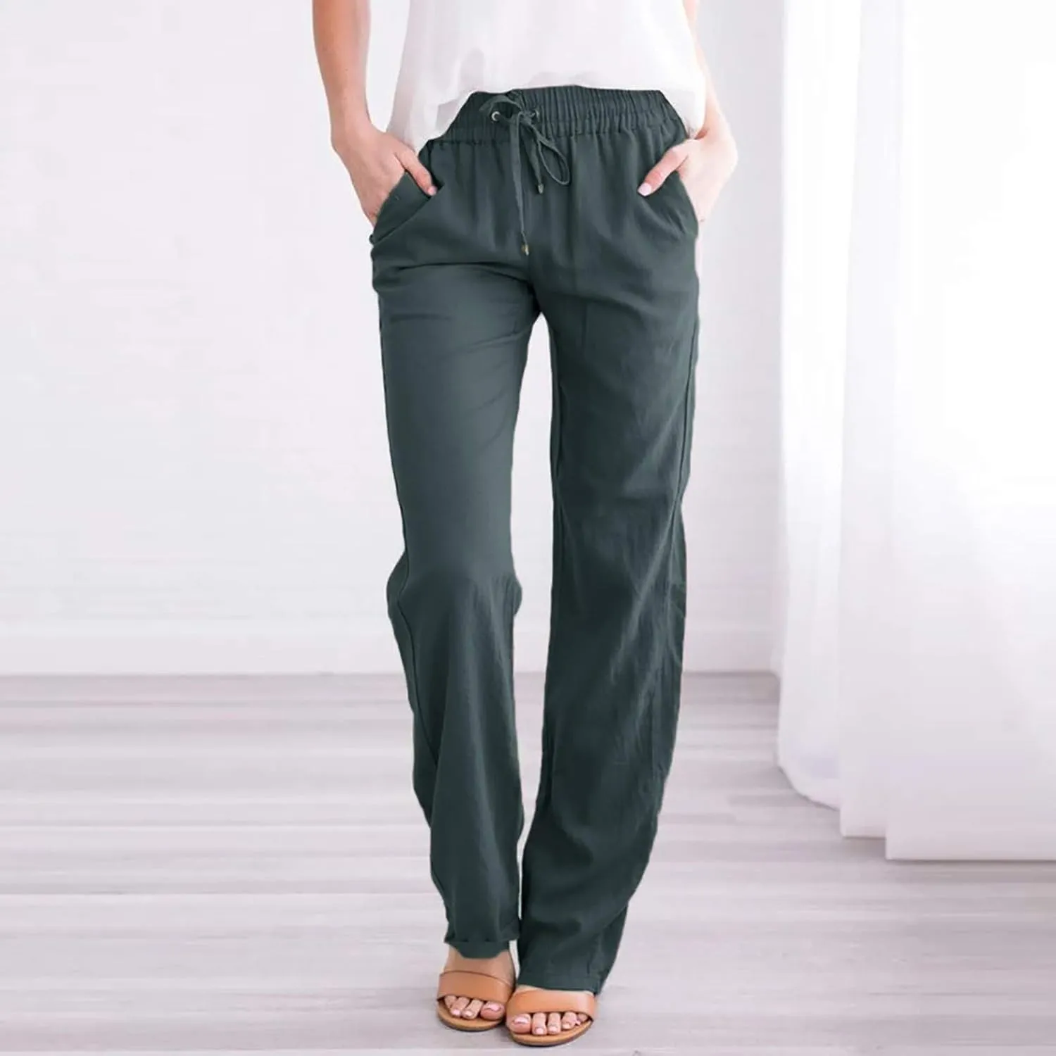 Womens Casual Linen Cotton Pants with Pockets Lightweight Summer Straight Leg Trousers Elastic Waist Beach Lounge Pant
