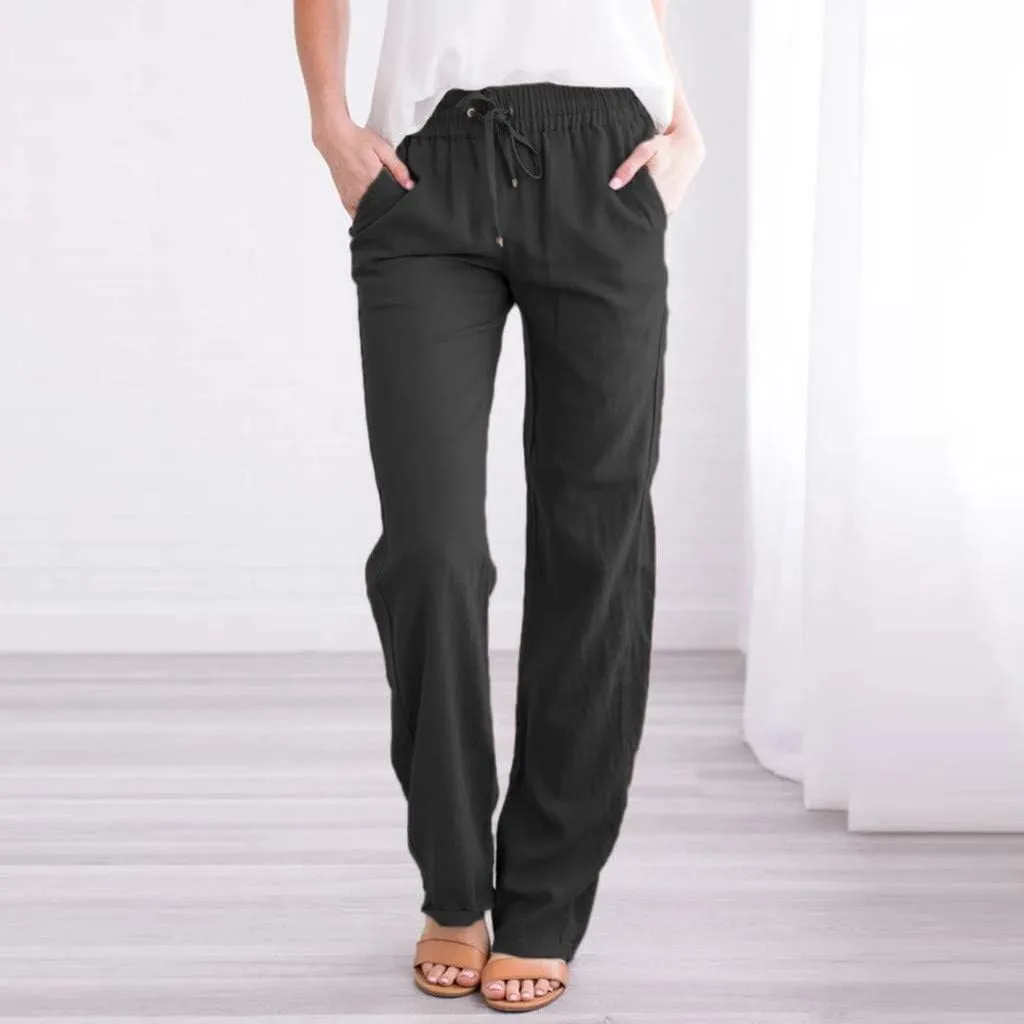 Womens Casual Linen Cotton Pants with Pockets Lightweight Summer Straight Leg Trousers Elastic Waist Beach Lounge Pant