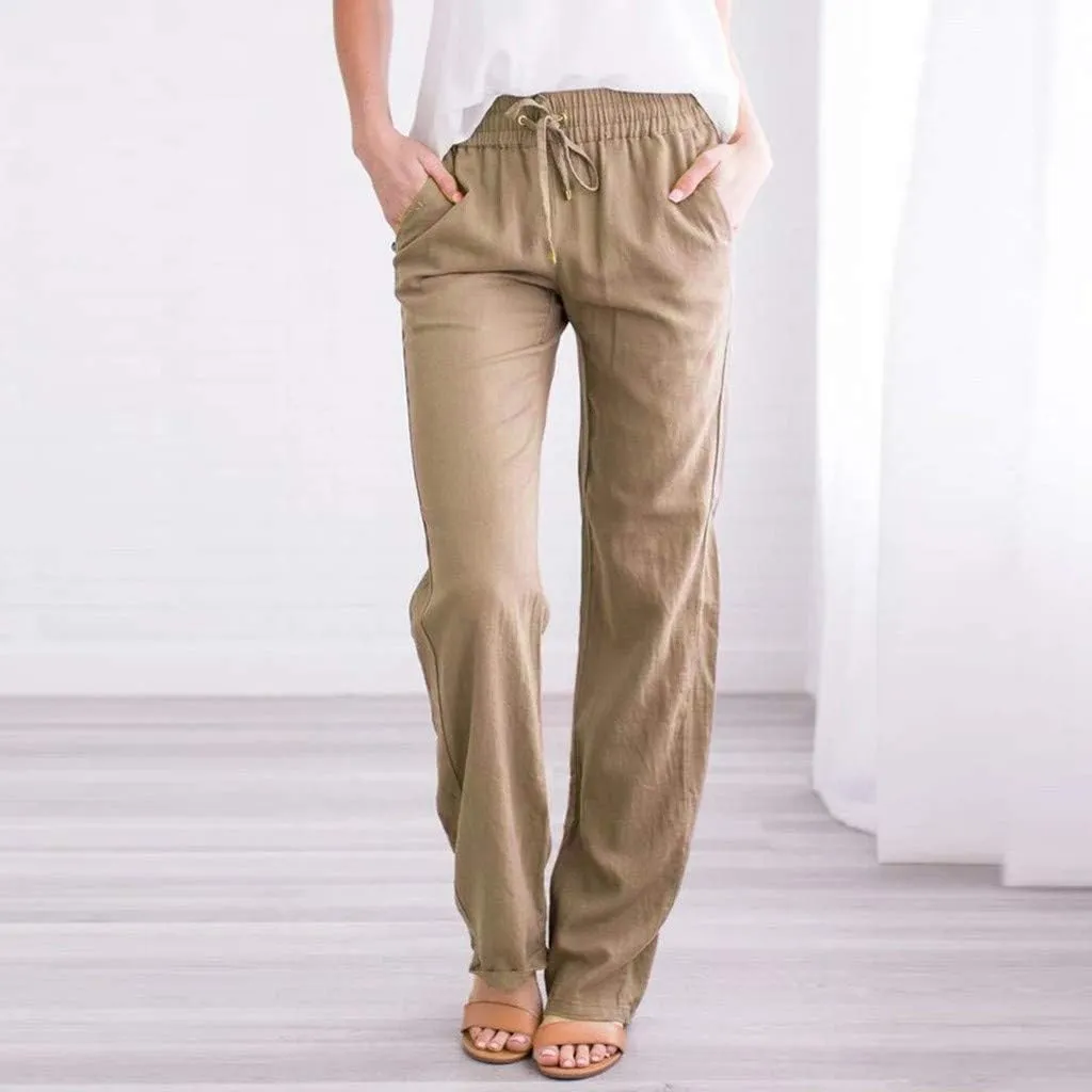 Womens Casual Linen Cotton Pants with Pockets Lightweight Summer Straight Leg Trousers Elastic Waist Beach Lounge Pant
