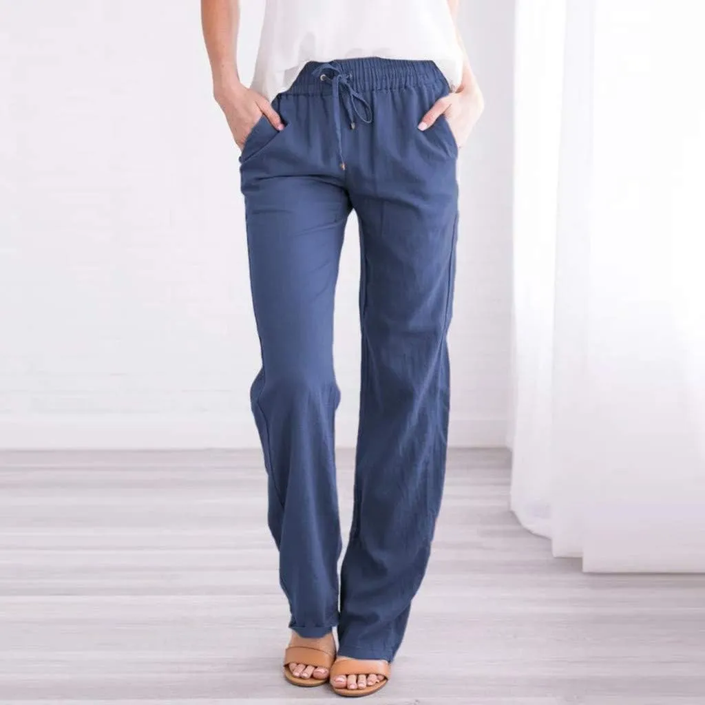 Womens Casual Linen Cotton Pants with Pockets Lightweight Summer Straight Leg Trousers Elastic Waist Beach Lounge Pant