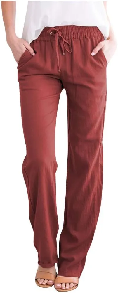 Womens Casual Linen Cotton Pants with Pockets Lightweight Summer Straight Leg Trousers Elastic Waist Beach Lounge Pant