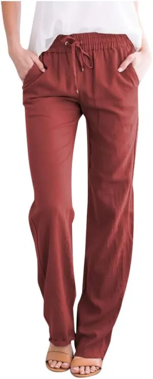 Womens Casual Linen Cotton Pants with Pockets Lightweight Summer Straight Leg Trousers Elastic Waist Beach Lounge Pant