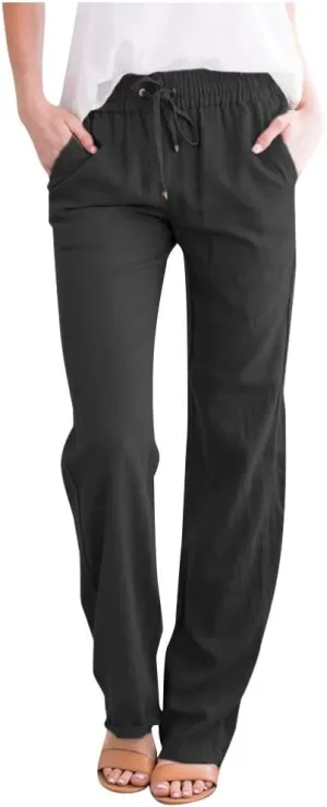 Womens Casual Linen Cotton Pants with Pockets Lightweight Summer Straight Leg Trousers Elastic Waist Beach Lounge Pant