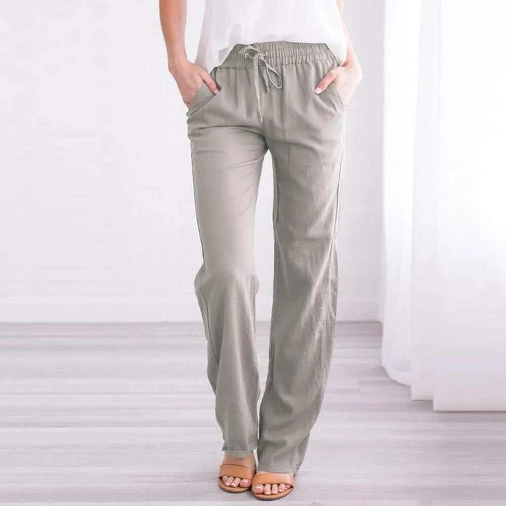 Womens Casual Linen Cotton Pants with Pockets Lightweight Summer Straight Leg Trousers Elastic Waist Beach Lounge Pant