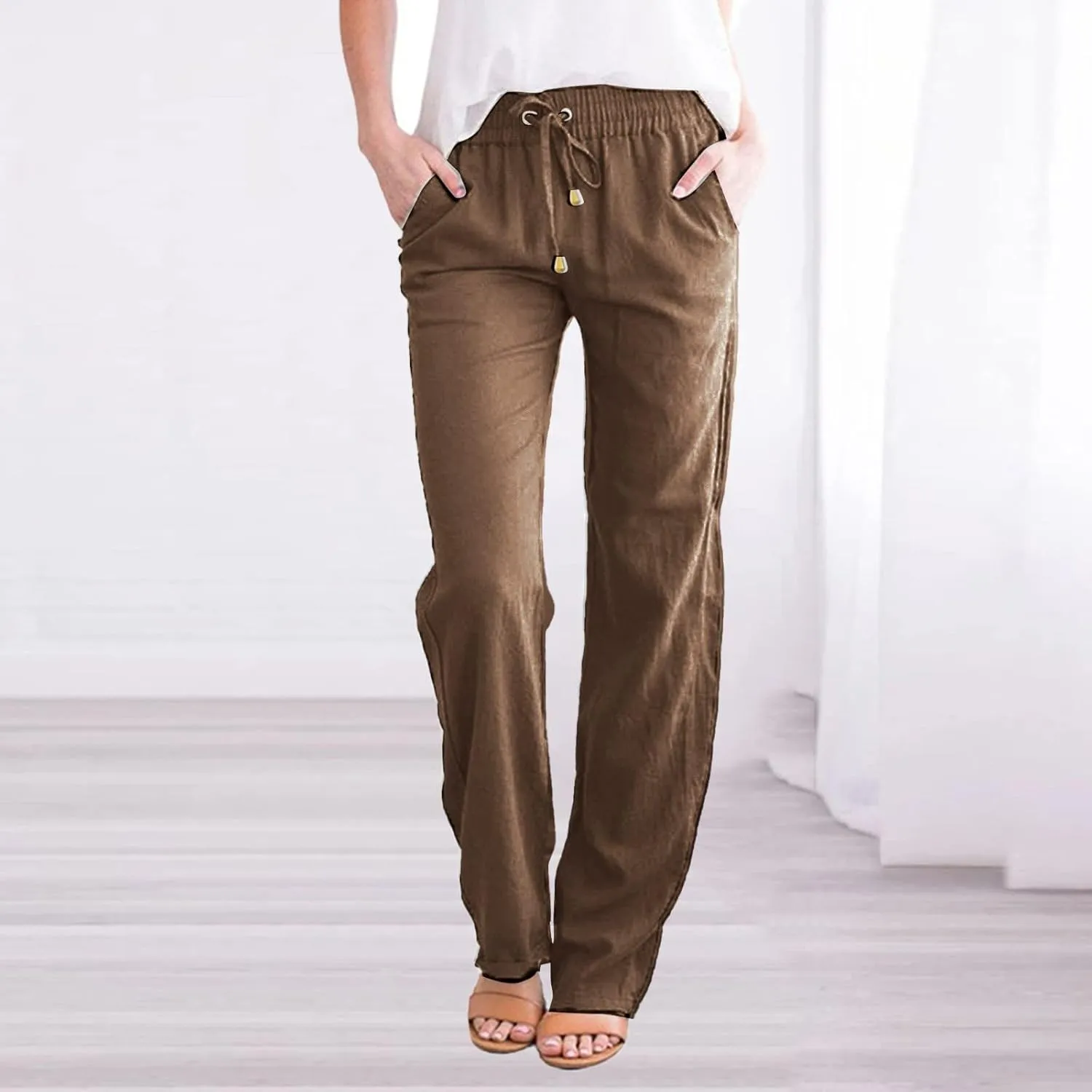 Womens Casual Linen High Waist Pants Drawstring Straight Leg Beach Pants with Side Pocket Loose Fit Summer Trousers