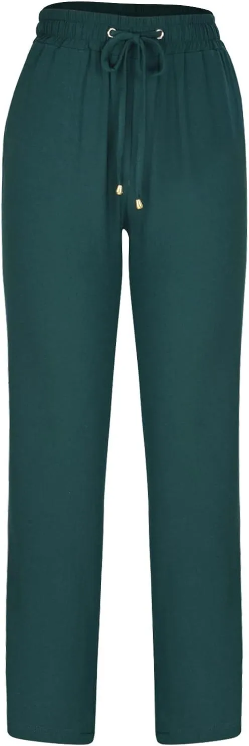 Womens Casual Linen High Waist Pants Drawstring Straight Leg Beach Pants with Side Pocket Loose Fit Summer Trousers