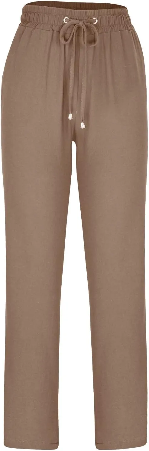 Womens Casual Linen High Waist Pants Drawstring Straight Leg Beach Pants with Side Pocket Loose Fit Summer Trousers