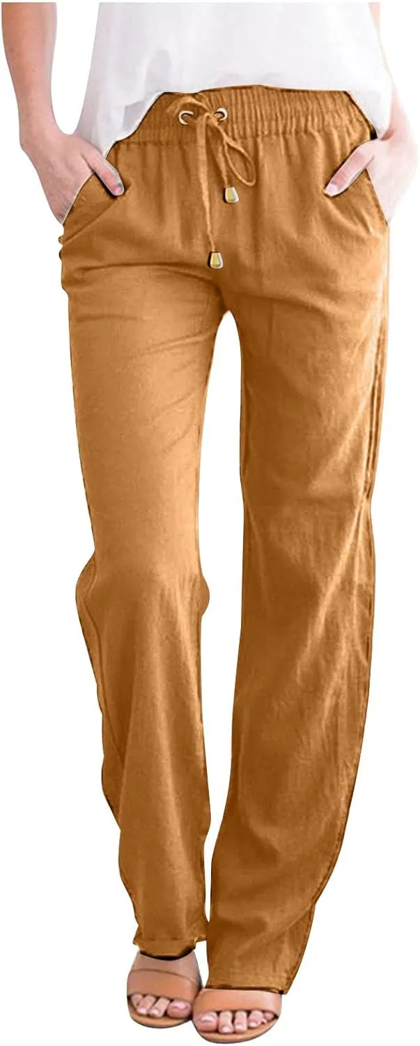 Womens Casual Linen High Waist Pants Drawstring Straight Leg Beach Pants with Side Pocket Loose Fit Summer Trousers