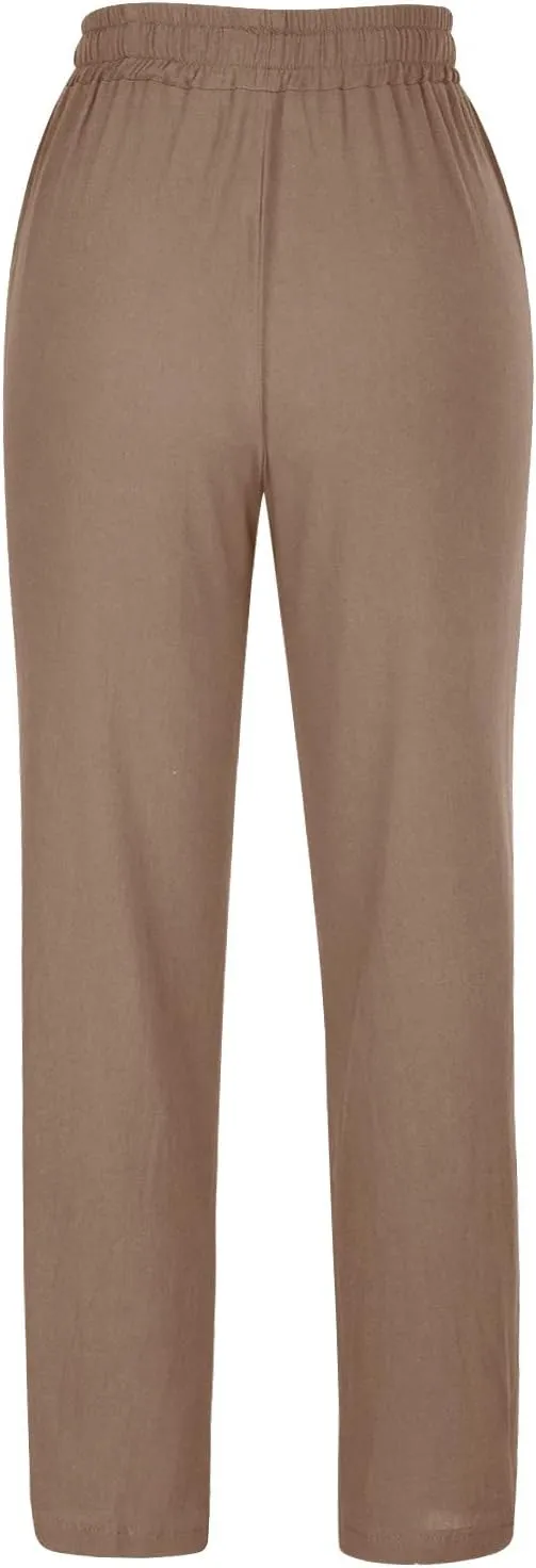 Womens Casual Linen High Waist Pants Drawstring Straight Leg Beach Pants with Side Pocket Loose Fit Summer Trousers