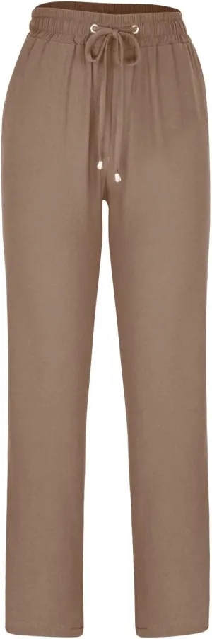 Womens Casual Linen High Waist Pants Drawstring Straight Leg Beach Pants with Side Pocket Loose Fit Summer Trousers