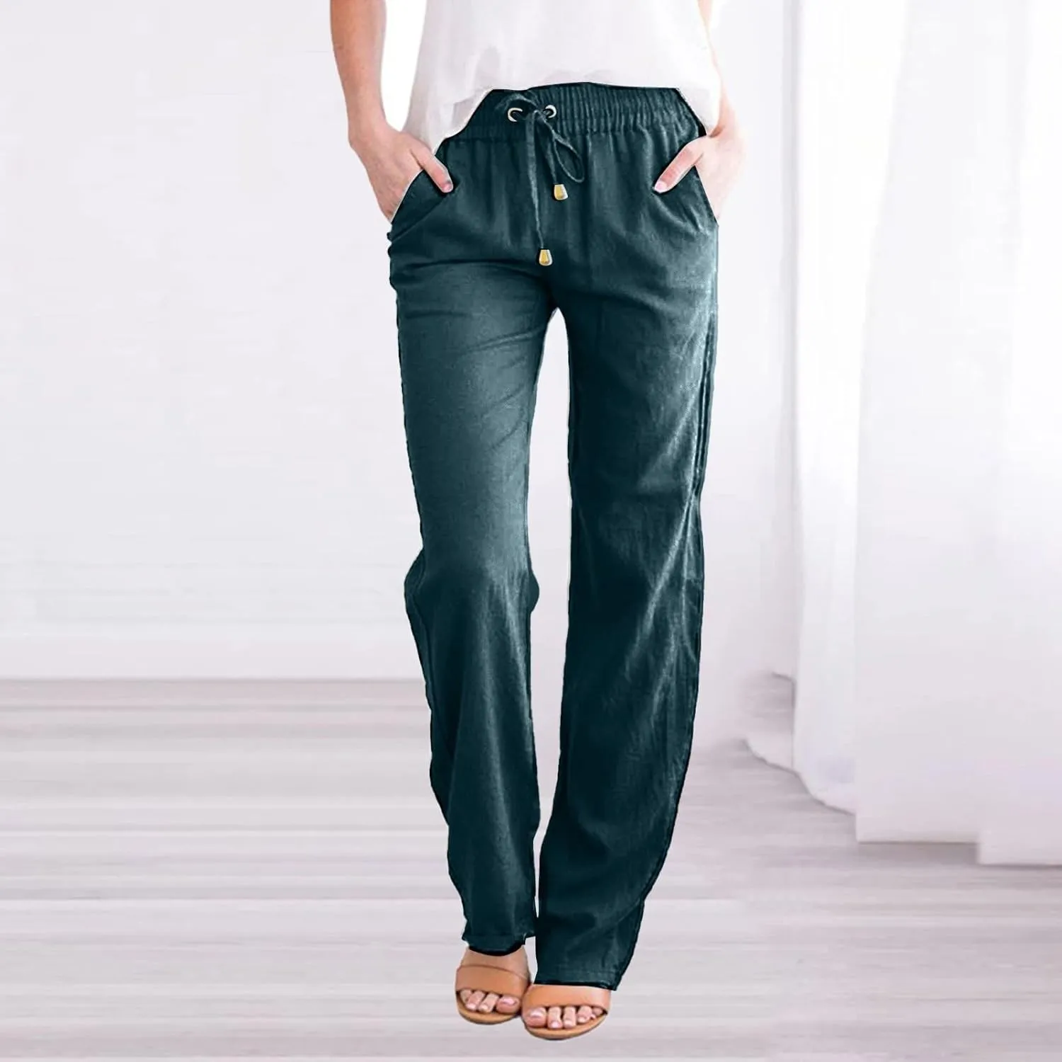 Womens Casual Linen High Waist Pants Drawstring Straight Leg Beach Pants with Side Pocket Loose Fit Summer Trousers