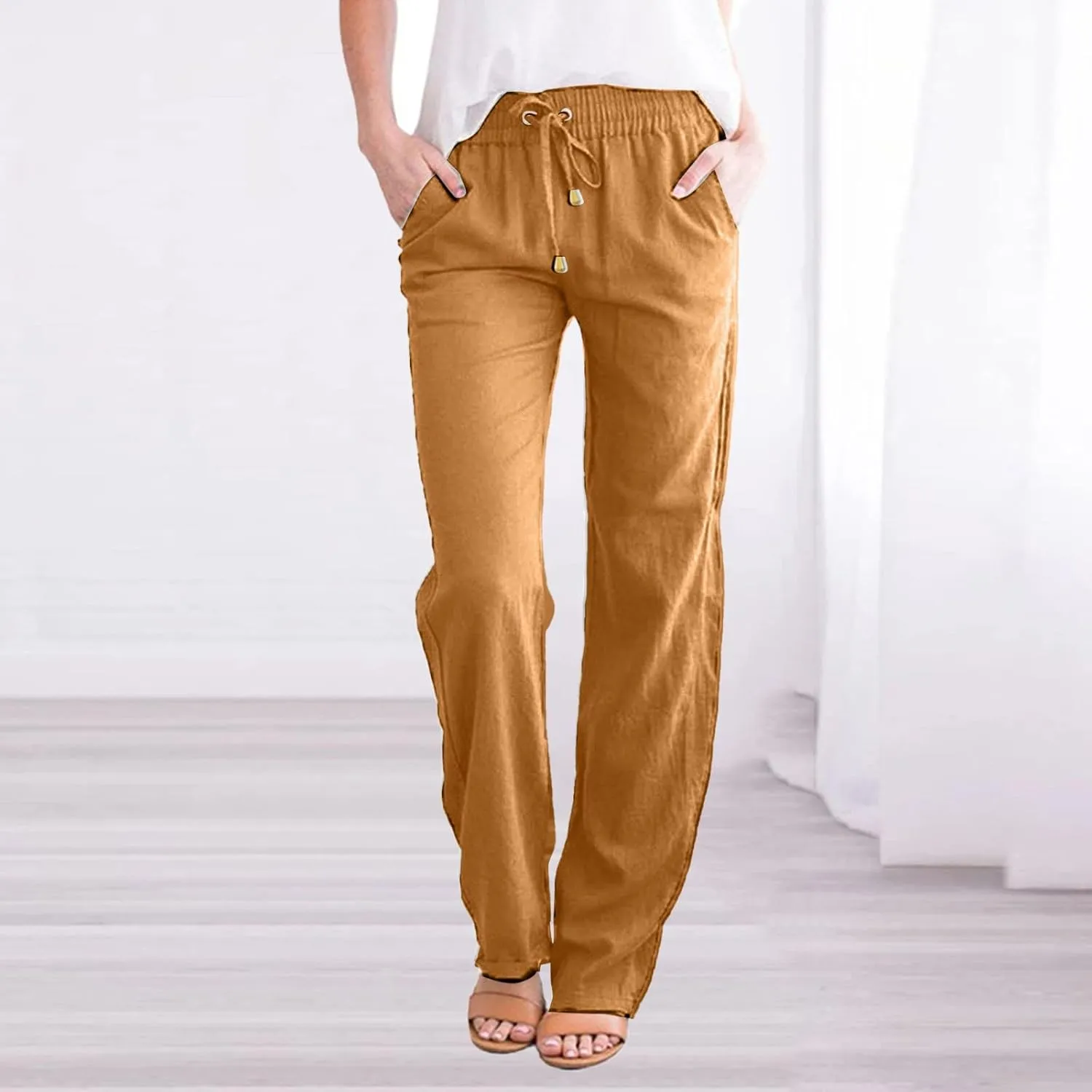 Womens Casual Linen High Waist Pants Drawstring Straight Leg Beach Pants with Side Pocket Loose Fit Summer Trousers
