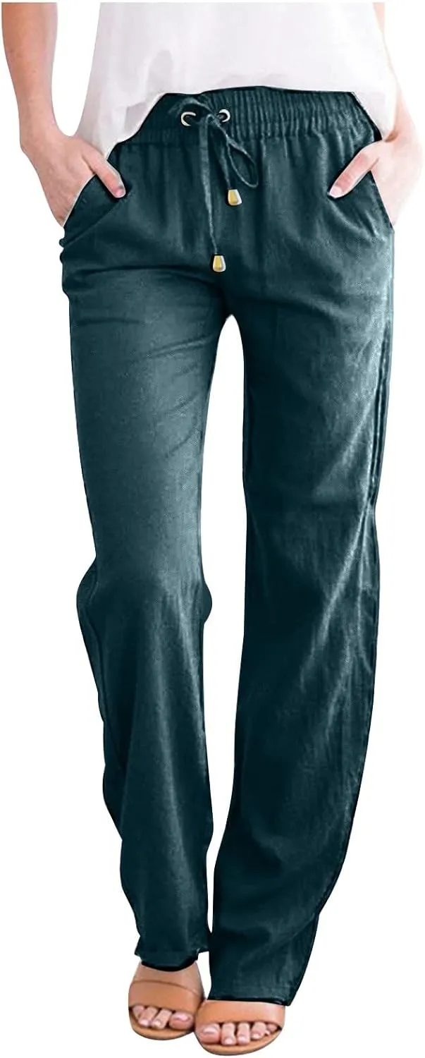 Womens Casual Linen High Waist Pants Drawstring Straight Leg Beach Pants with Side Pocket Loose Fit Summer Trousers