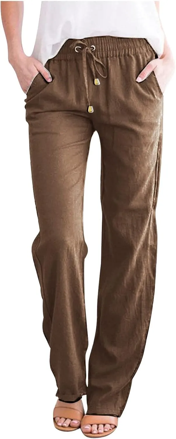 Womens Casual Linen High Waist Pants Drawstring Straight Leg Beach Pants with Side Pocket Loose Fit Summer Trousers