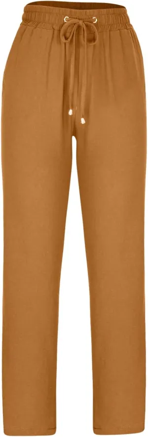 Womens Casual Linen High Waist Pants Drawstring Straight Leg Beach Pants with Side Pocket Loose Fit Summer Trousers