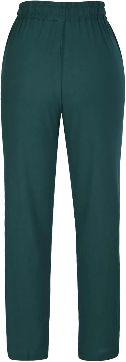 Womens Casual Linen High Waist Pants Drawstring Straight Leg Beach Pants with Side Pocket Loose Fit Summer Trousers