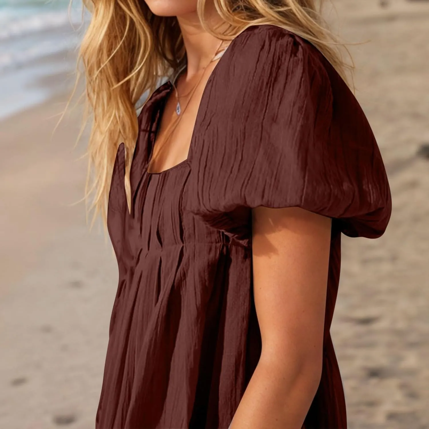 Women's Casual Summer Dress Babydoll with Statement Puff Sleeves, Pleated Detailing and Cinch Tie-Back Mini Dresses