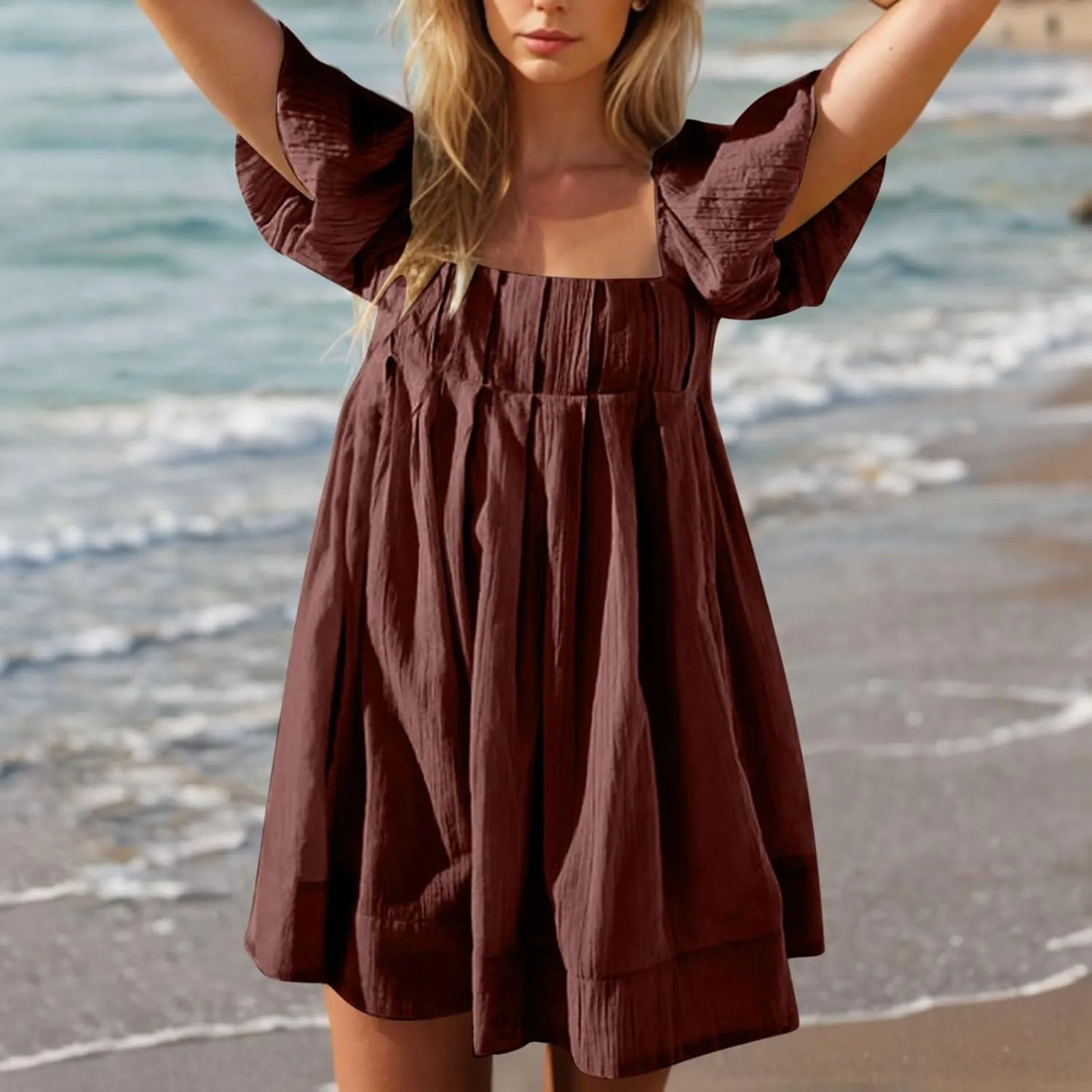 Women's Casual Summer Dress Babydoll with Statement Puff Sleeves, Pleated Detailing and Cinch Tie-Back Mini Dresses