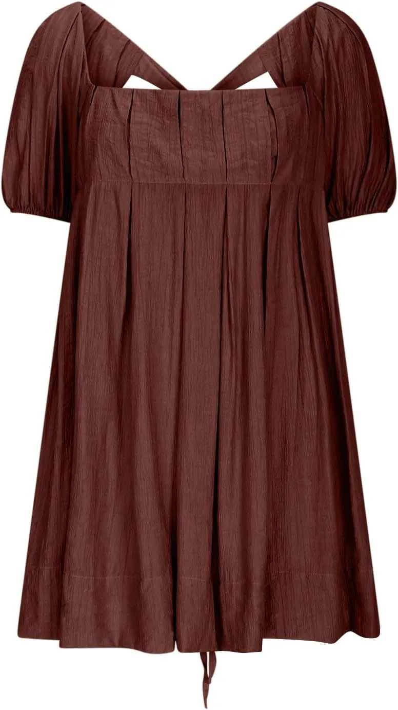 Women's Casual Summer Dress Babydoll with Statement Puff Sleeves, Pleated Detailing and Cinch Tie-Back Mini Dresses