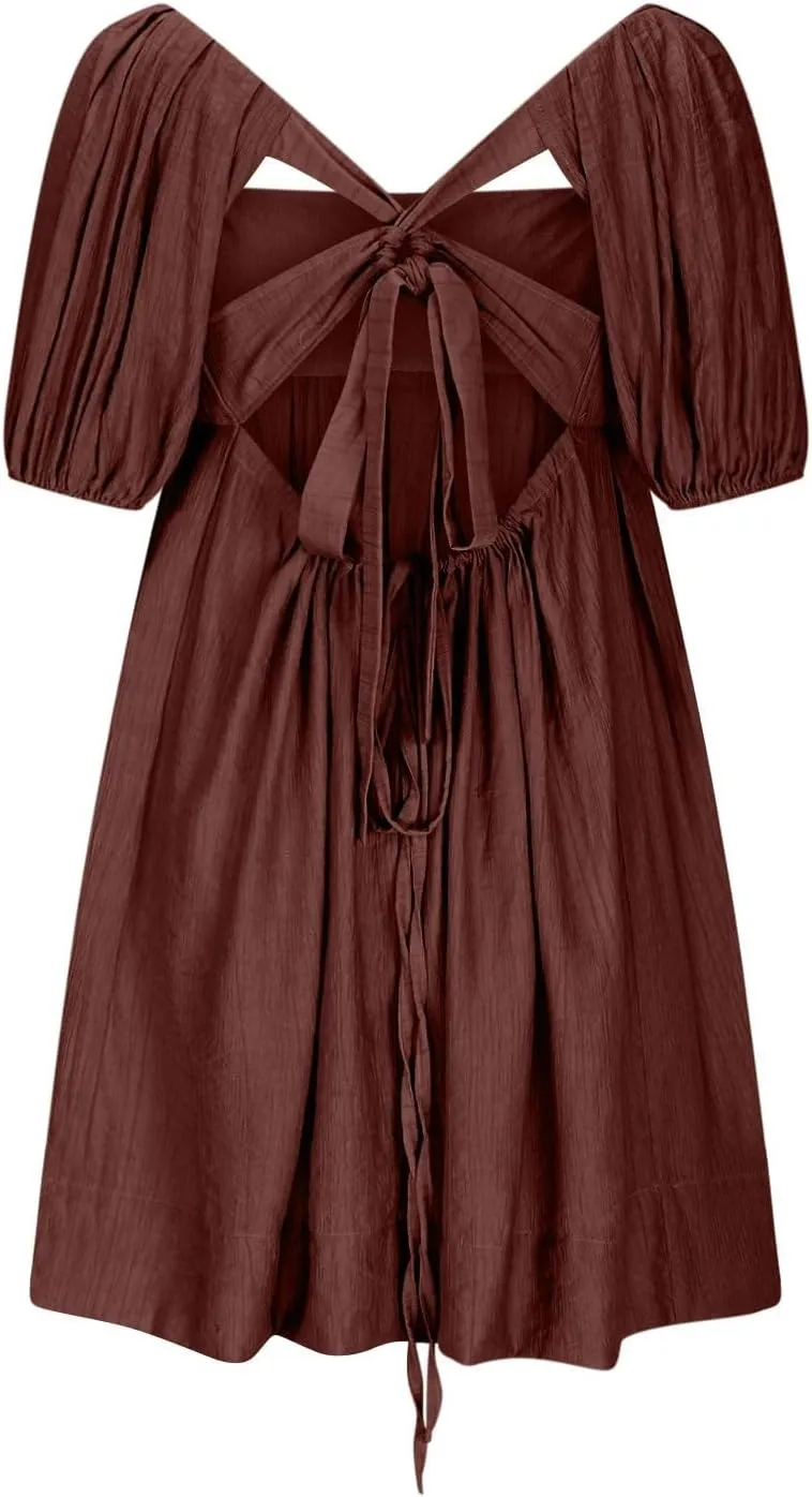 Women's Casual Summer Dress Babydoll with Statement Puff Sleeves, Pleated Detailing and Cinch Tie-Back Mini Dresses