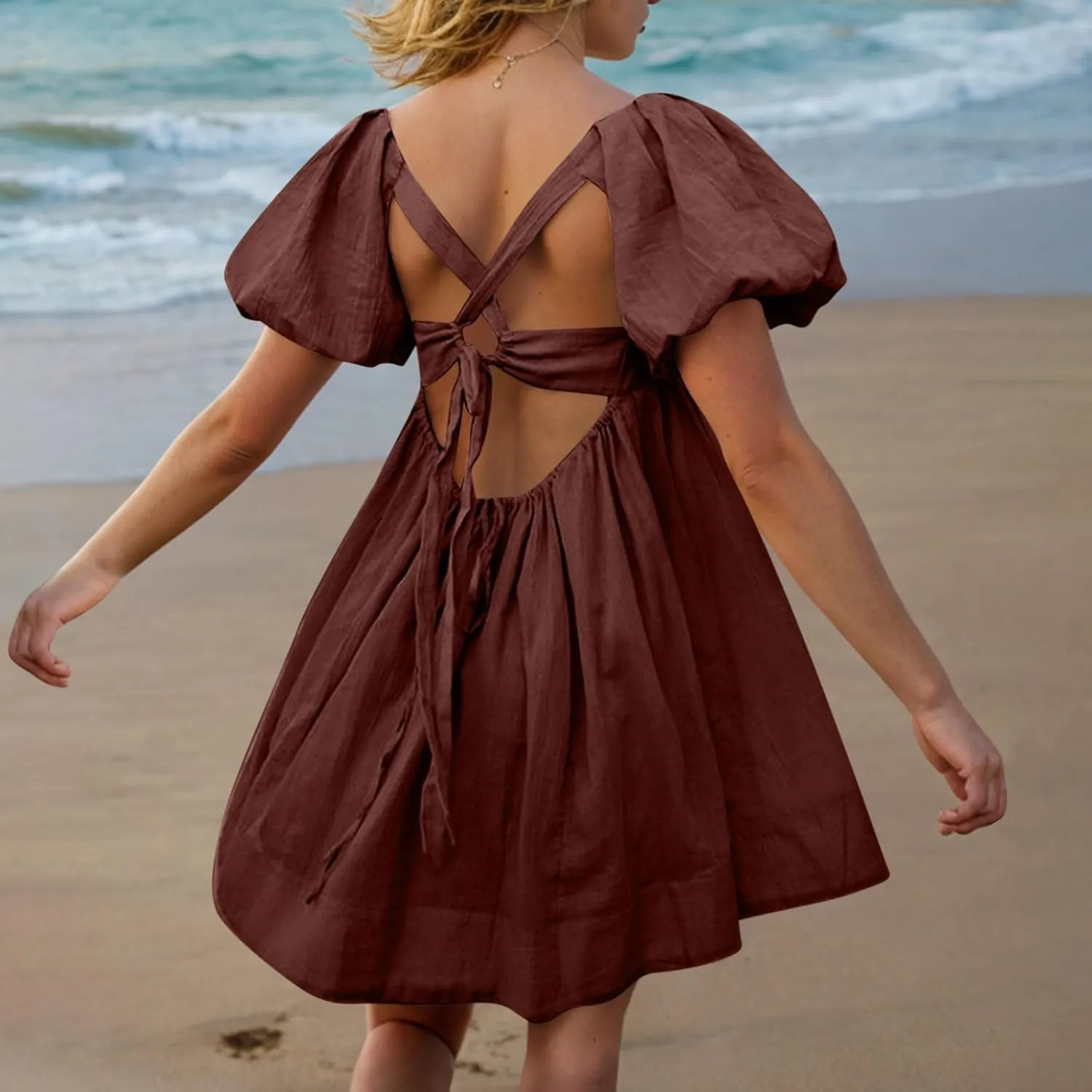 Women's Casual Summer Dress Babydoll with Statement Puff Sleeves, Pleated Detailing and Cinch Tie-Back Mini Dresses