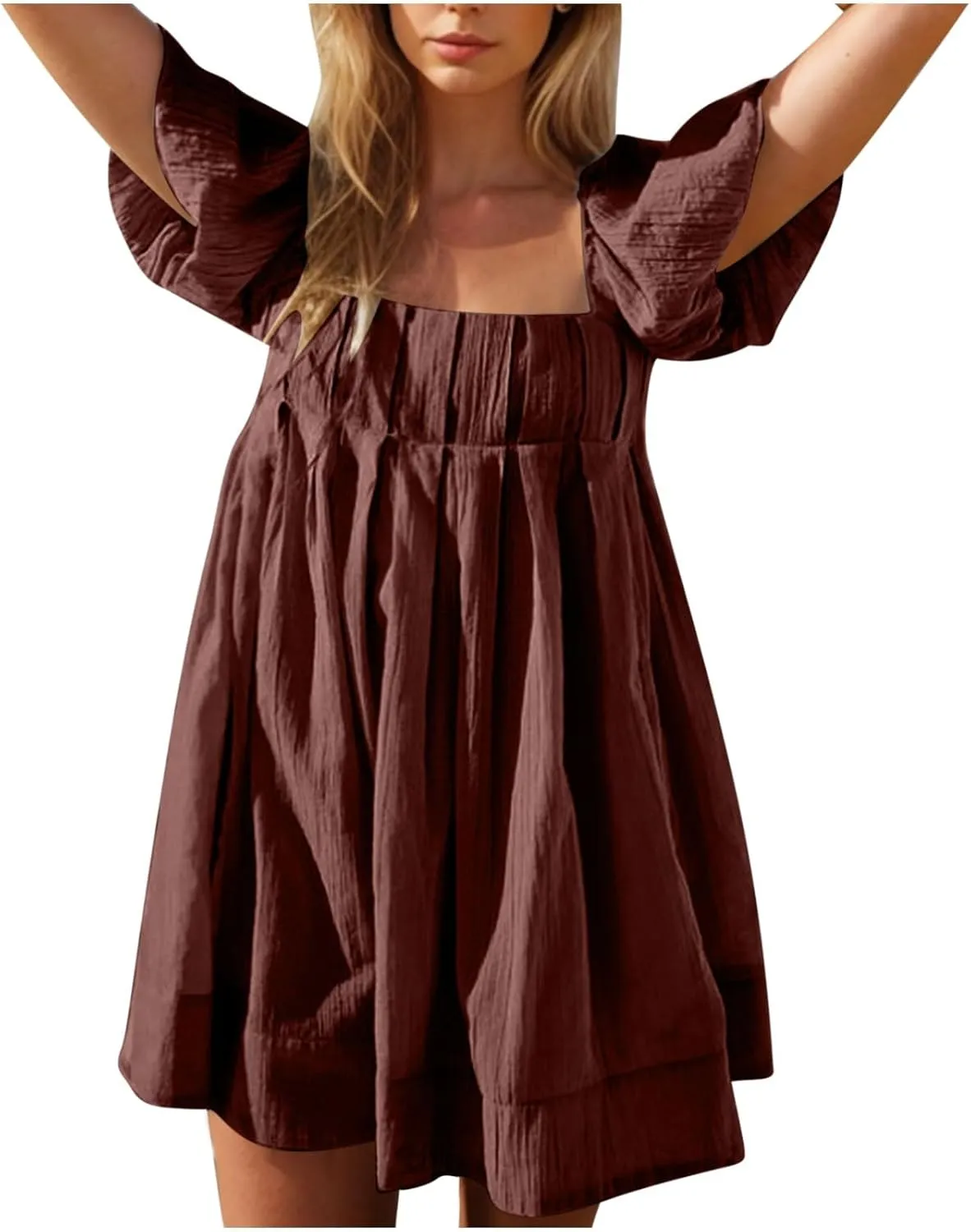 Women's Casual Summer Dress Babydoll with Statement Puff Sleeves, Pleated Detailing and Cinch Tie-Back Mini Dresses