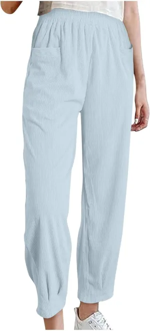 Womens Corduroy Pants High Waisted Cuffed Pants Casual Elastic Waist Sweatpants Baggy Vintage Trousers with Pockets