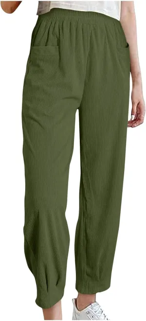 Womens Corduroy Pants High Waisted Cuffed Pants Casual Elastic Waist Sweatpants Baggy Vintage Trousers with Pockets